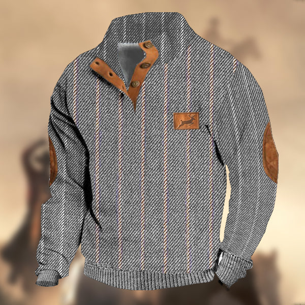 Men's Retro Country Casual Twill Wool Elk Logo Stand Collar Button Sweatshirt