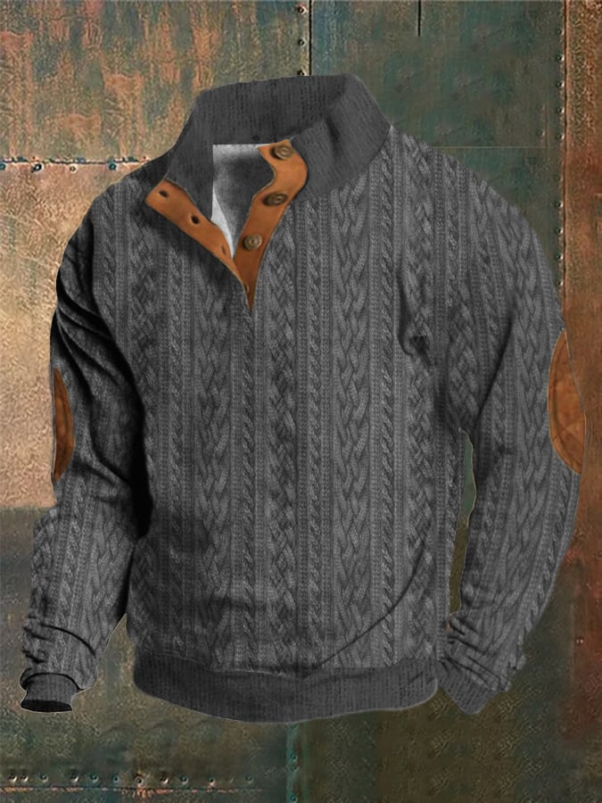 Men's Western Vintage Knitted Jacquard Print Stand Collar Button Sweatshirt