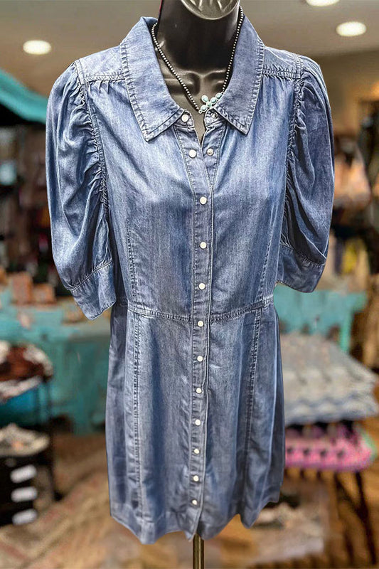 Washed Puff-sleeve Button-down Denim Dress