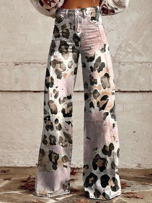 Women's Vintage Pink Leopard Print Casual Wide Leg Pants