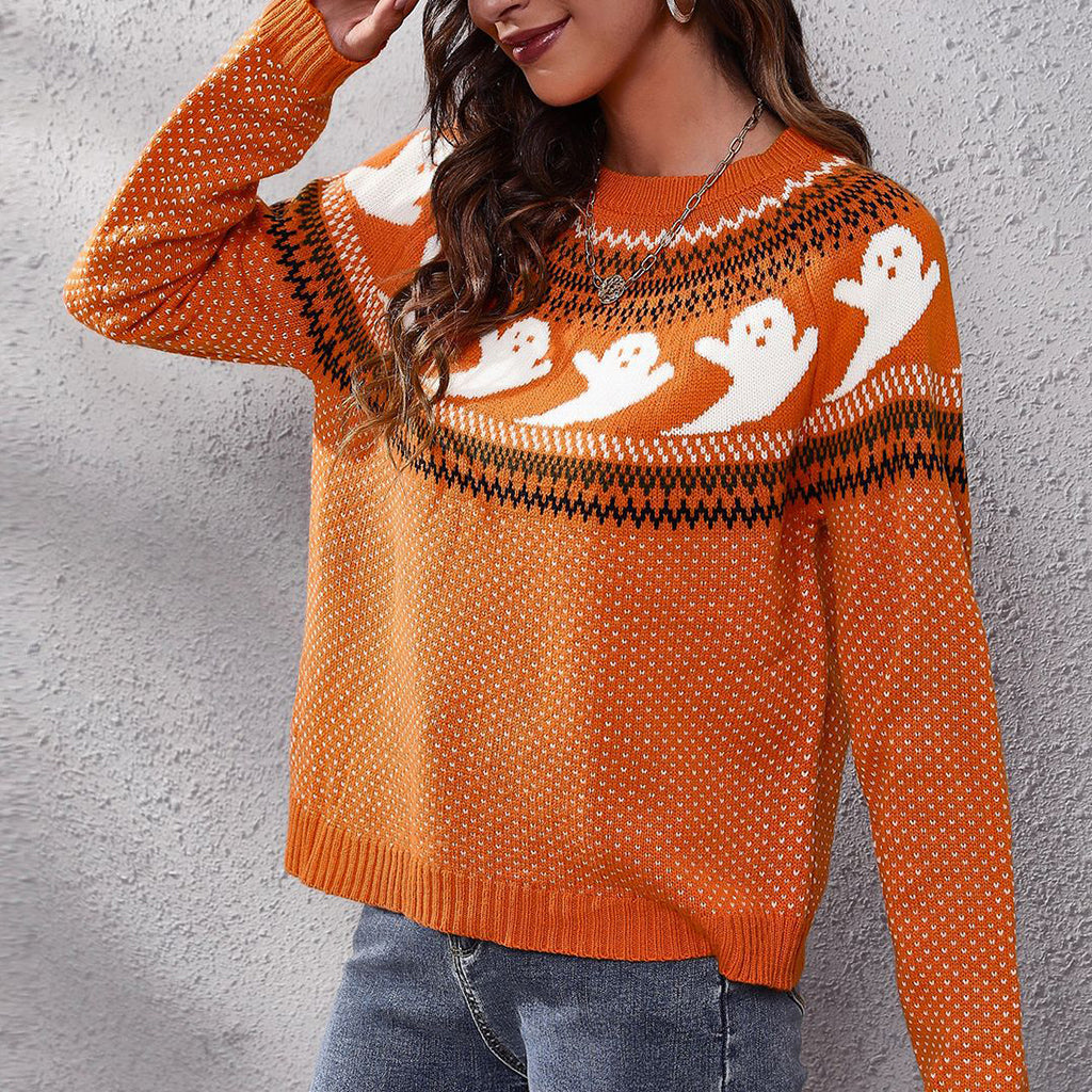 Autumn And Winter Halloween Ghost Retro Polka Dot Long Sleeve Knitted Loose Sweater Women