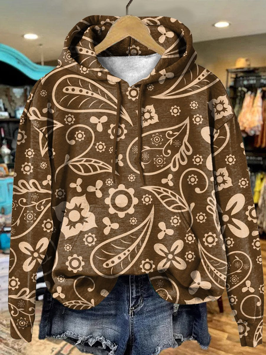 Vintage Brown Cashew Floral Art Print Casual Hoodie Sweatshirt