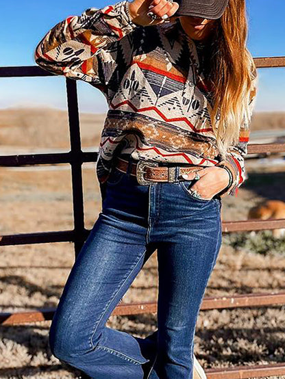 Retro Ethnic Style Aztec Button Collar Sweatshirt