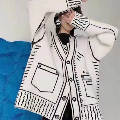 Sweater Black And White Profile Jacquard Loose Knitted Women's Cardigan