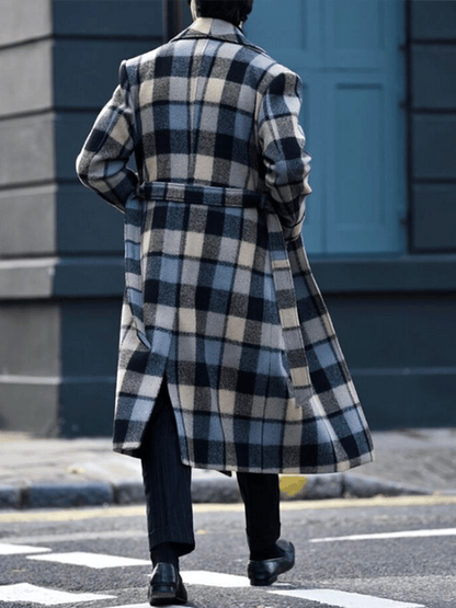 Men's Retro Plaid Design Patch Pocket Casual Woolen Coat (Including Belt)