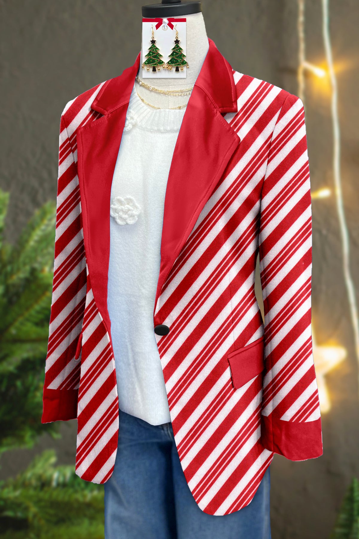 Classic Christmas Stripe Print Long Sleeve Blazer