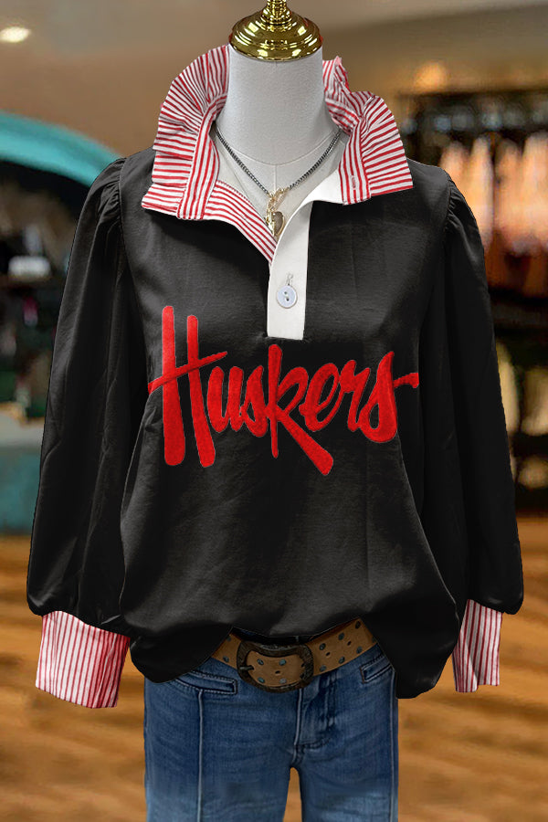 Gameday Huskers Print Puff Sleeve Blouse