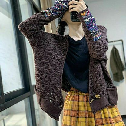 Retro Ethnic Style Printed Patch Knitted Cardigan Sweater For Women