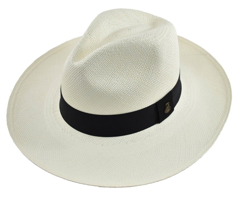 Original Panama Hat - Wide Brim Summer Fedora - Black Band - White Toquilla Straw - Handwoven in Ecuador - EA - HatBox Included-FREE SHIPPING