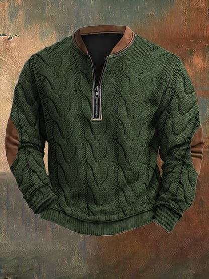 Men's Vintage Western Knit Print Zipper Stand Collar Casual Sweatshirt