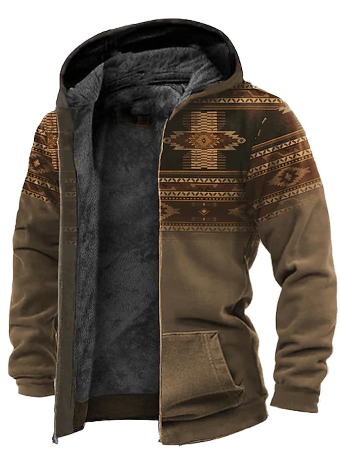 Men's Retro Western Print Velvet Zip Outerwear