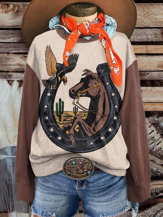 Women's Vintage Cowgirl Art Print Corduroy Sweatshirt