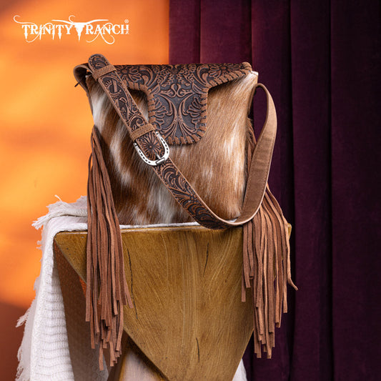 Trinity Ranch Genuine Hair-On Cowhide Tooled Fringe Shoulder Bag