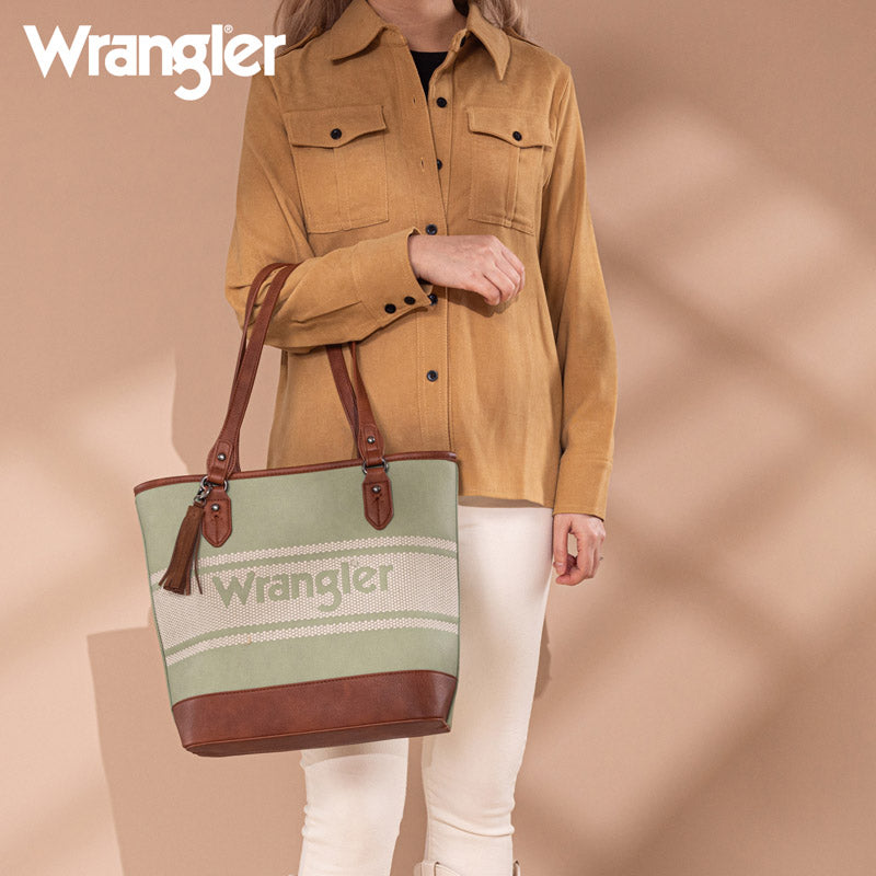 Wrangler Leather Trim Striped Canvas Tote Bag