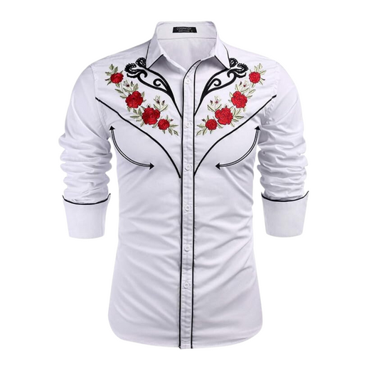 Men's Long Sleeve Cowboy Rose Embroidered Shirt - White