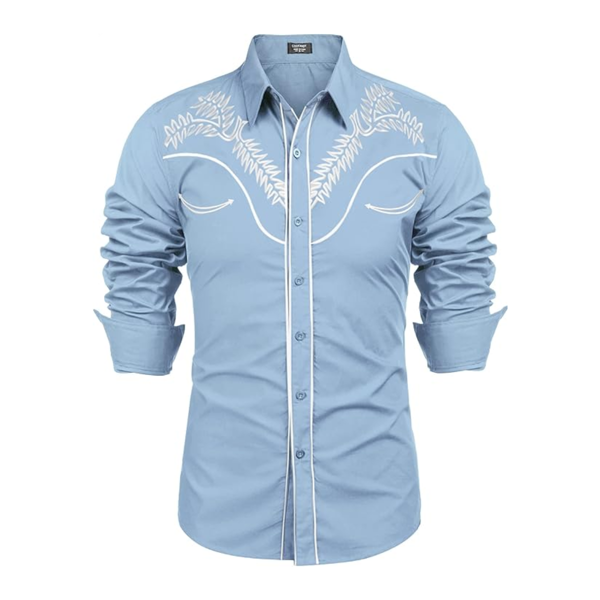 Men's Western Shirts Long Sleeve Slim Fit Embroideres Shirt-Blue