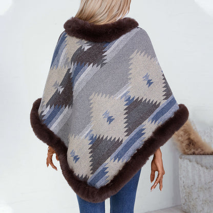 Serena Faux Fur-Trimmed Aztec Poncho