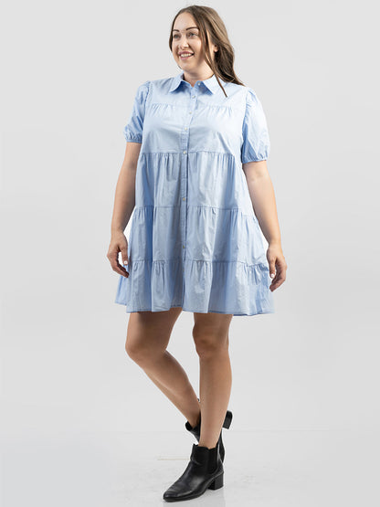 Women Poplin Short Sleeve Layered Shirt Dress