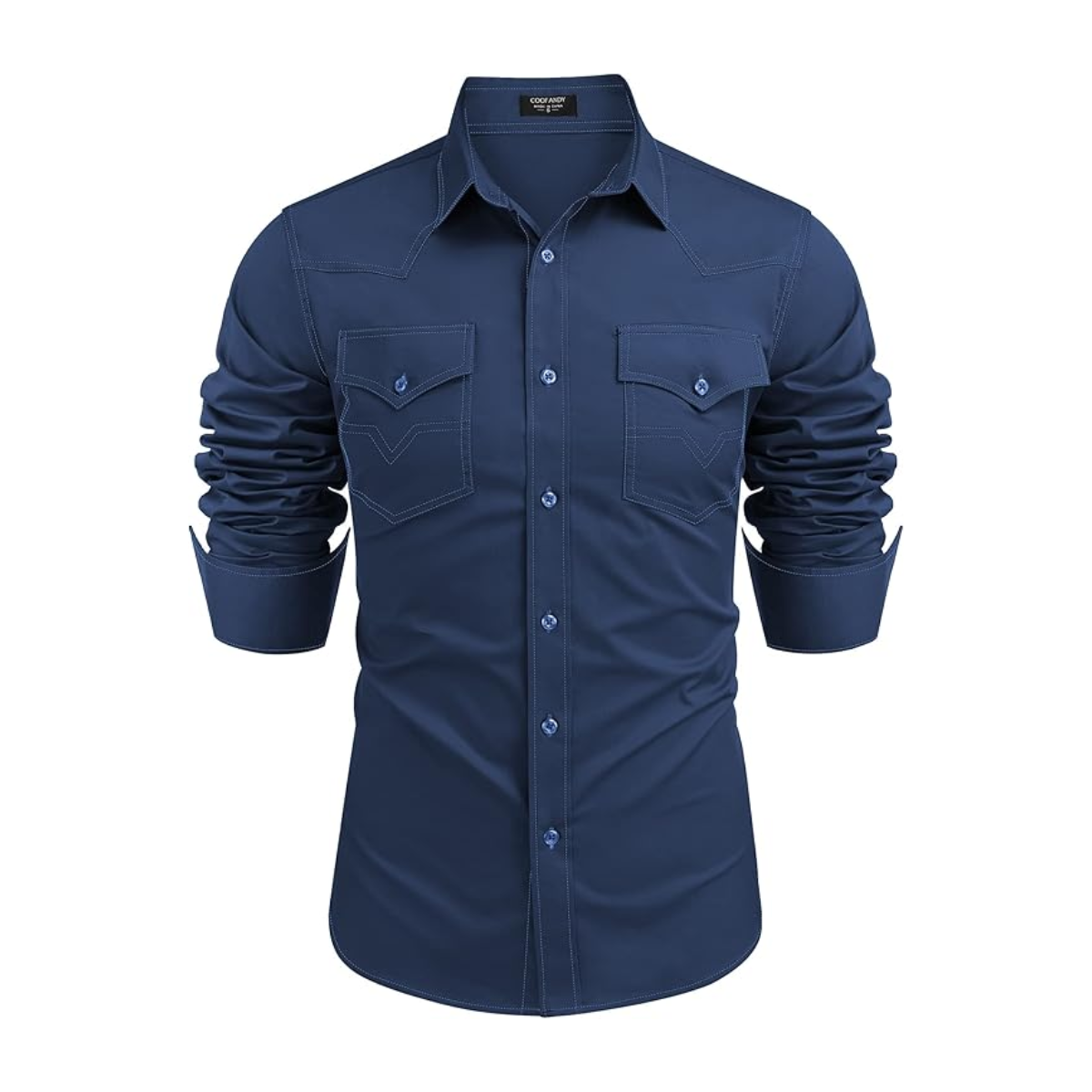 Men's Western Cowboy Shirts Long Sleeve Cotton Casual Shirt-Navy Blue