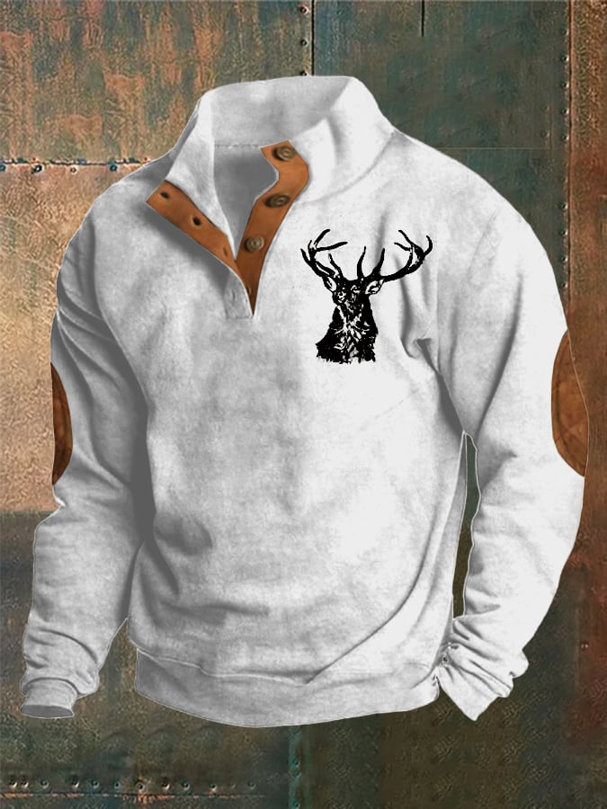 Men's Western Style Printed Stand Collar Button Sweatshirt