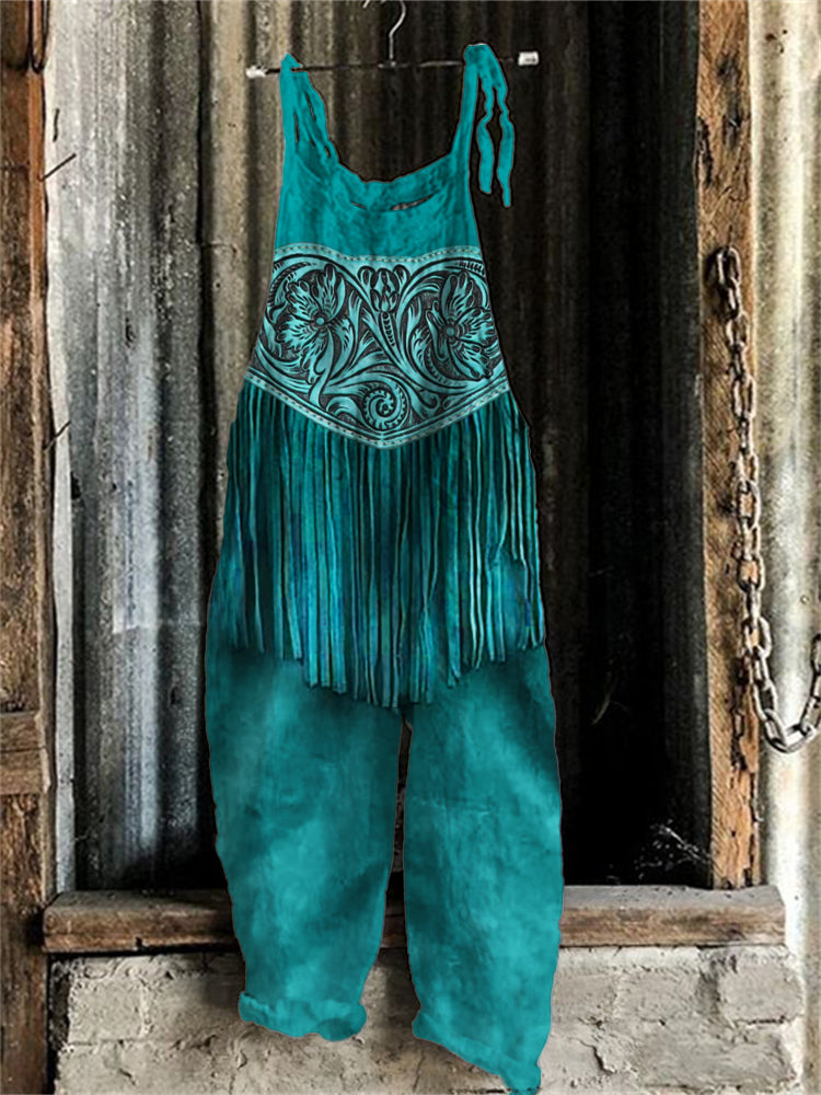 Western Floral Leather Tassels Jumpsuit