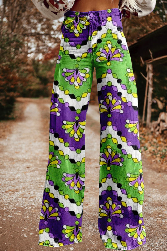 Vintage Mardi Gras Print Wide Leg Trousers