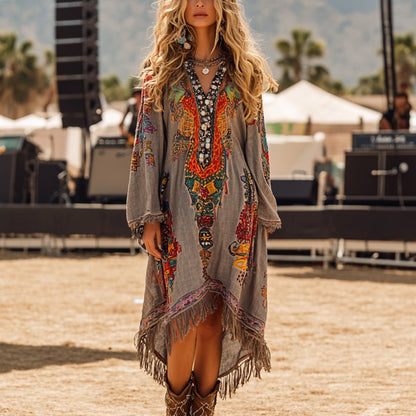 Music Festival Rock Party Carnival Vintage Wasteland Style Ethnic Floral Cotton And Linen Dress