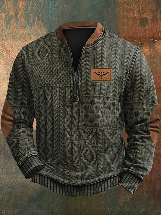 Men's Vintage Western Knit Print Zip-Neck Sweatshirt