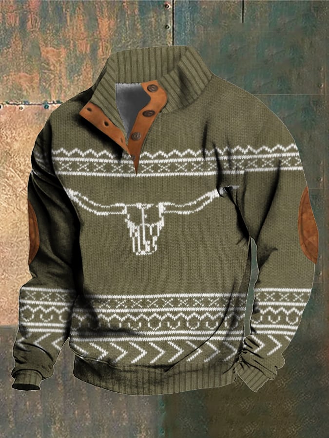 Men's Retro Western Knitted Print Stand Collar Sweatshirt