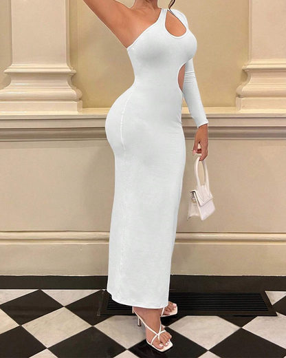 Shoulder Slanted Collar Long-Sleeved Hollow Long Dress