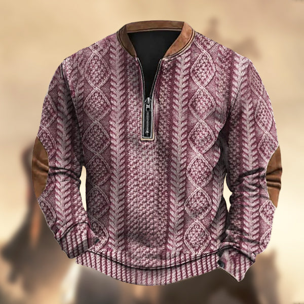 Men's Vintage Western Knit Print Zipper Stand Collar Casual Sweatshirt