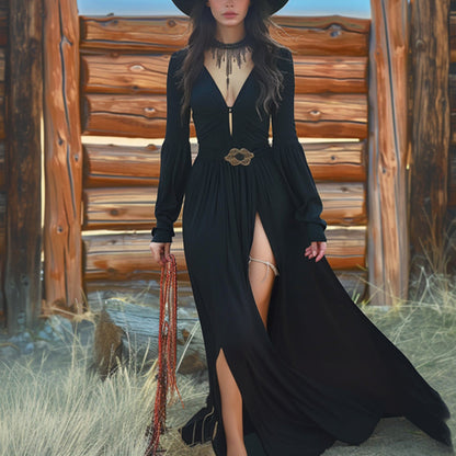 Western Cowboy Style Women's Vintage V Neck Slit Long Sleeve Dress