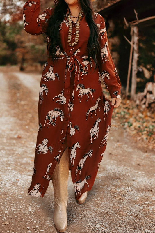 Western Horse Print Buttoned Shirt Dress