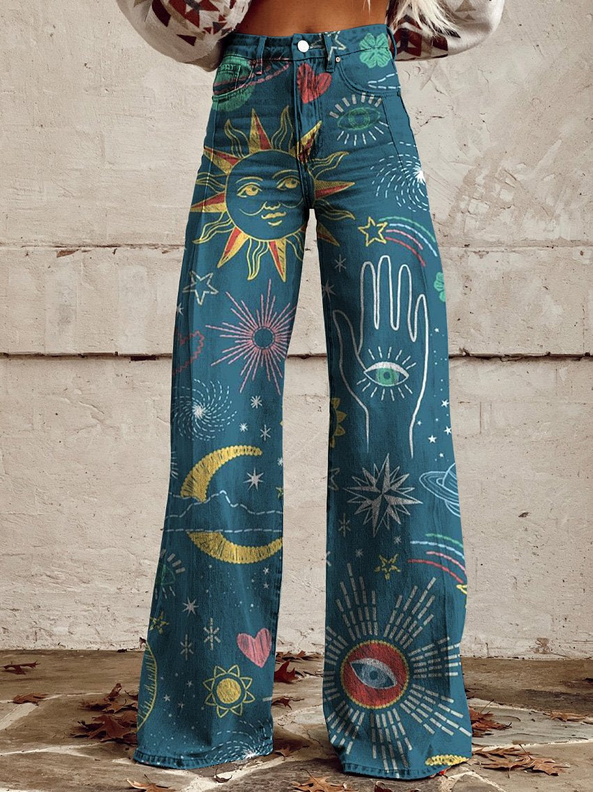 Embroidered Effect Stitch Space Elements Women's Printed Casual Wide Leg Pants