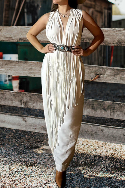 V-Neck Fringed Sleeveless Dress