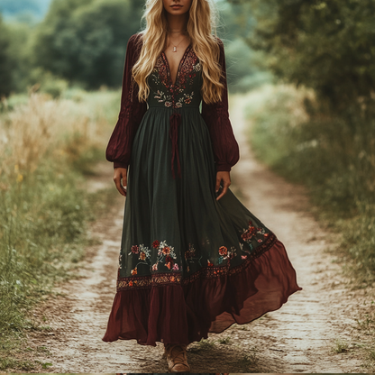 Women's Vintage Boho Floral Casual Pastoral Style Long Dress