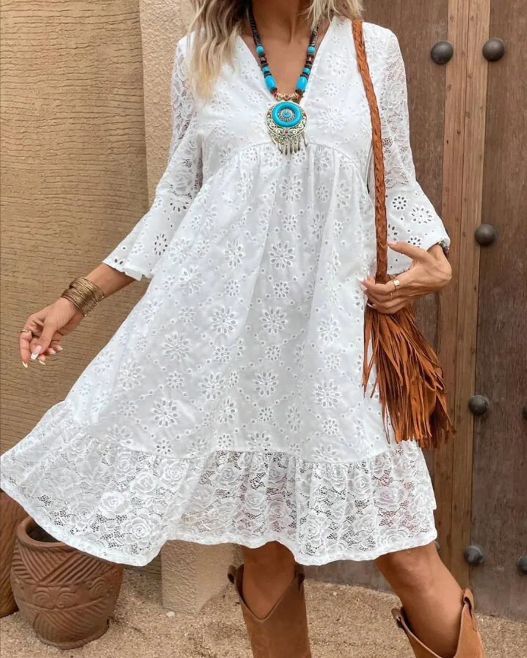 Casual Long Sleeve V Neck Plus Size Lace Dresses