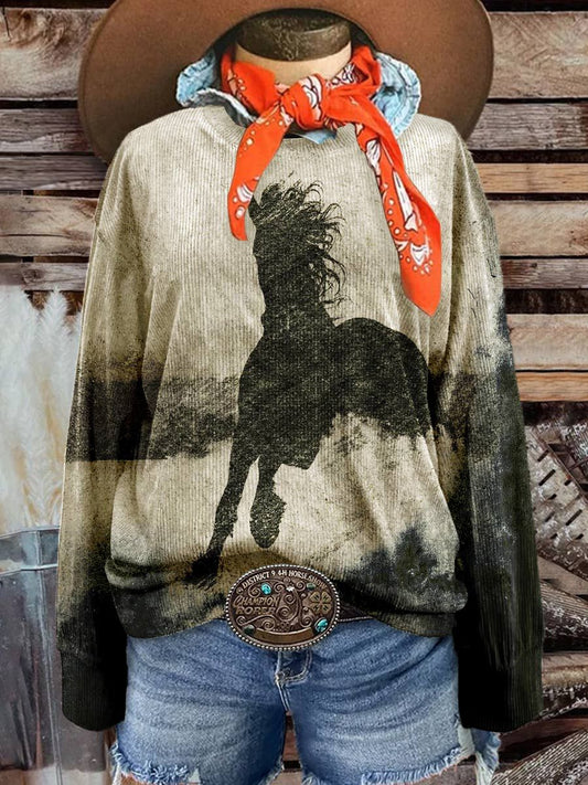 Women's Horse Art Casual Print Corduroy Sweatshirt