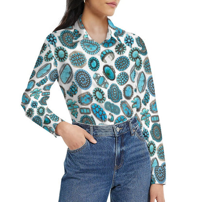 Turquoise Crazy Long Sleeve Button Up Blouse