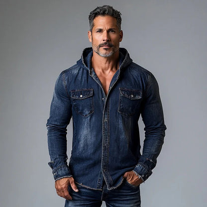 Men's Vintage Distressed Denim Pocket Long Sleeve Hooded Shirt