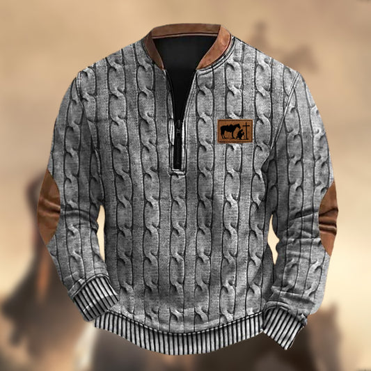 Men's Vintage Western Kneeling Cowboy Knit Print Zipper Stand Collar Casual Sweatshirt