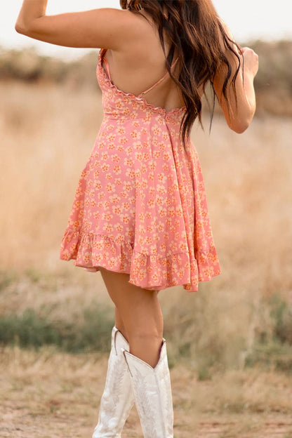 Beautiful Floral Print Deep V Neck Open Back Dress