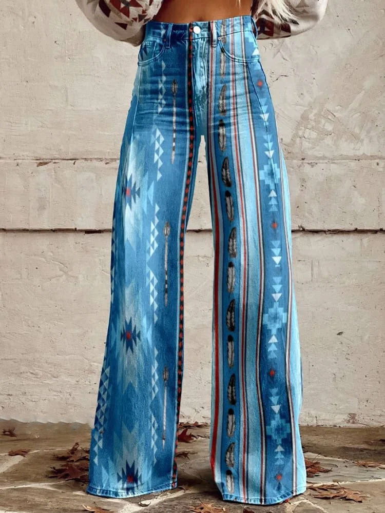 Women's Blue Classic WestPrint Casual Wide Leg Pants