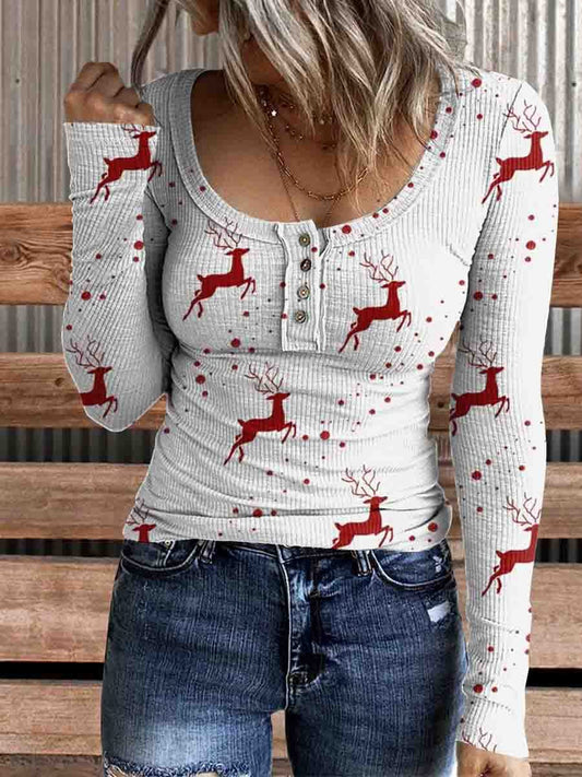 Women's Christmas Deer Print Comfortable Cotton Henley Shirt