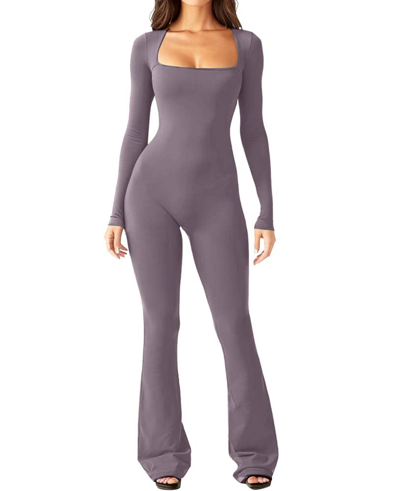 Long Sleeve Wide Collar Slim Fit Yoga Jumpsuit