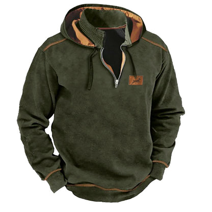 Men's Vintage Country Elk Hunting Contrast Zip-Up Stand Collar Patchwork Hooded Sweatshirt