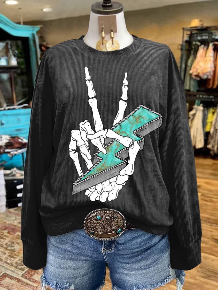 Women's Skeleton Victory Hand Turquoise Casual Print Corduroy Sweatshirt