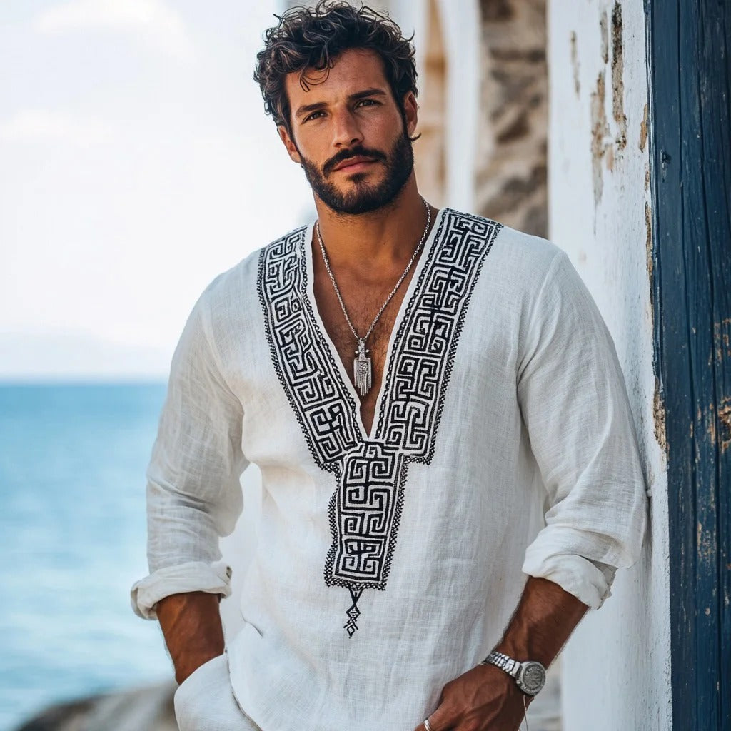 Men's Retro Greek Key Graphics Linen V-neck Shirt