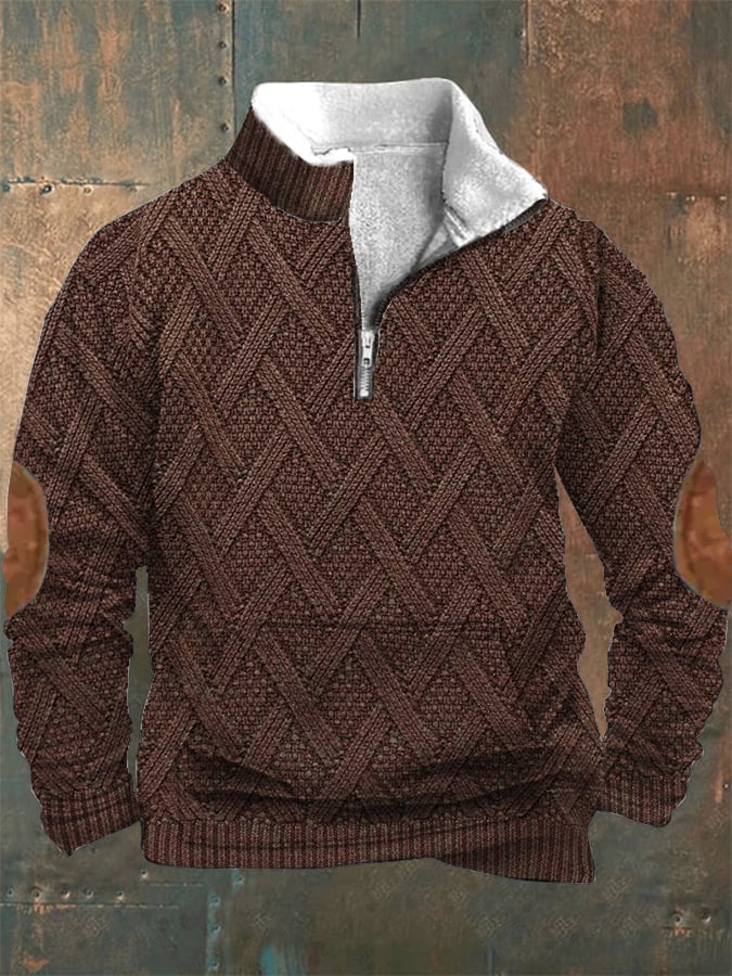 Men's Vintage Country Western Knitt Print Zipper Stand Collar Casual Kangaroo Pocket Sweatshirt