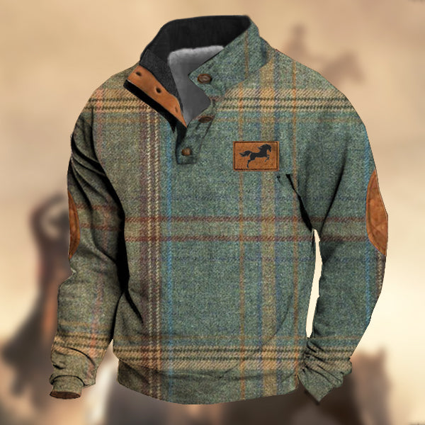 Men's Vintage Country Horse Retro Blue Wool Check Print Stand Collar Sweatshirt